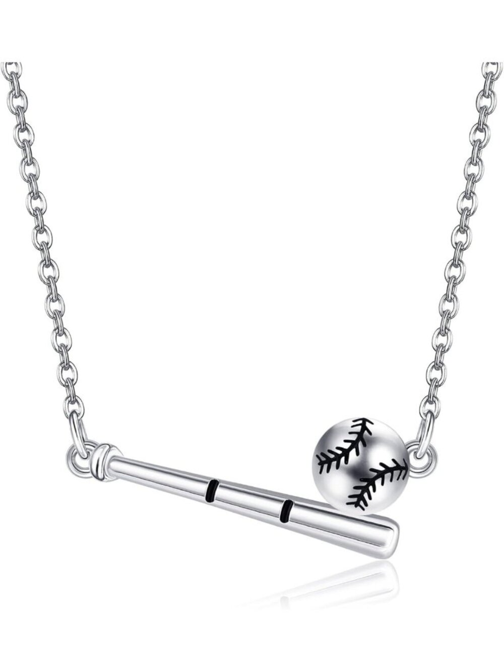 Sterling Silver Baseball Necklace with Softball Bat Pendant - Sports Jewelry for